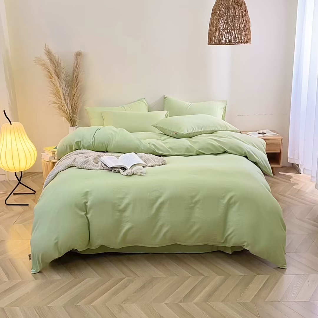 91家纺网 家纺一手货源 找家纺 晶缦家纺 2026新款纯棉纯色A类全棉双层纱四件套（水洗预处理）-觅琳系列 觅琳-浅春绿