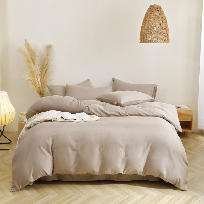 91家纺网 家纺一手货源 找家纺 晶缦家纺 2026新款纯棉纯色A类全棉双层纱四件套（水洗预处理）-觅琳系列 觅琳-浅卡其