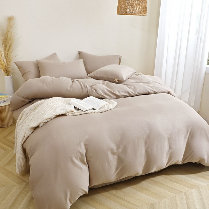 91家纺网 家纺一手货源 找家纺 晶缦家纺 2026新款纯棉纯色A类全棉双层纱四件套（水洗预处理）-觅琳系列 觅琳-浅卡其