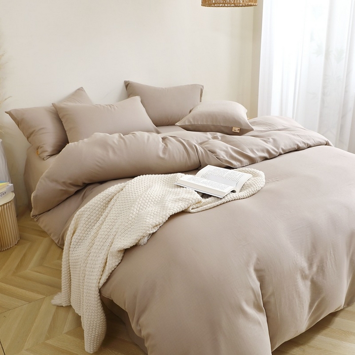 91家纺网 家纺一手货源 找家纺 晶缦家纺 2026新款纯棉纯色A类全棉双层纱四件套（水洗预处理）-觅琳系列 觅琳-浅卡其