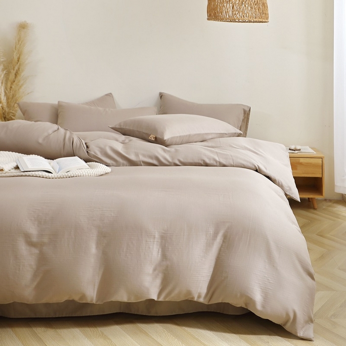 91家纺网 家纺一手货源 找家纺 晶缦家纺 2026新款纯棉纯色A类全棉双层纱四件套（水洗预处理）-觅琳系列 觅琳-浅卡其