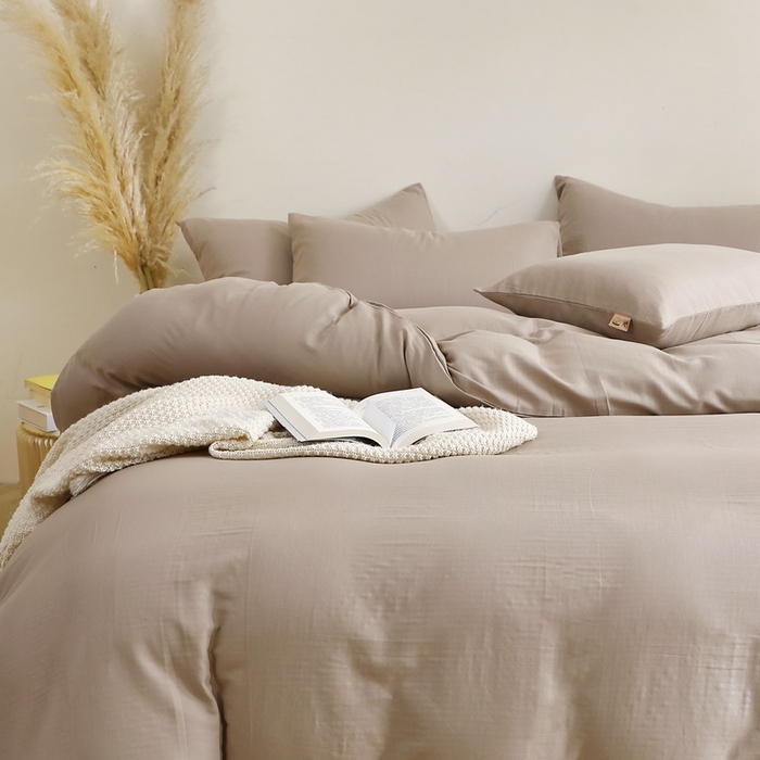 91家纺网 家纺一手货源 找家纺 晶缦家纺 2026新款纯棉纯色A类全棉双层纱四件套（水洗预处理）-觅琳系列 觅琳-浅卡其