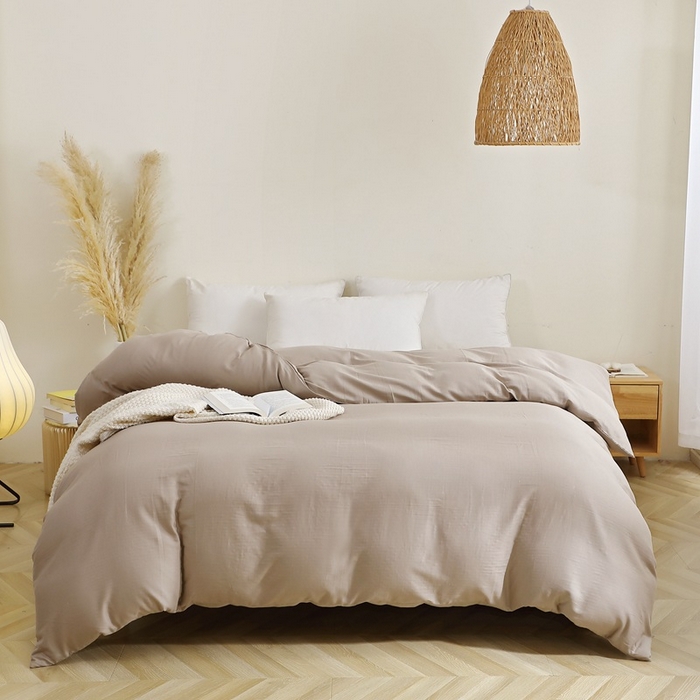 91家纺网 家纺一手货源 找家纺 晶缦家纺 2026新款纯棉纯色A类全棉双层纱四件套（水洗预处理）-觅琳系列 觅琳-浅卡其