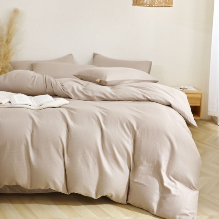 91家纺网 家纺一手货源 找家纺 晶缦家纺 2026新款纯棉纯色A类全棉双层纱四件套（水洗预处理）-觅琳系列 觅琳-浅卡其