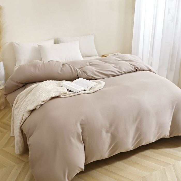 91家纺网 家纺一手货源 找家纺 晶缦家纺 2026新款纯棉纯色A类全棉双层纱四件套（水洗预处理）-觅琳系列 觅琳-浅卡其