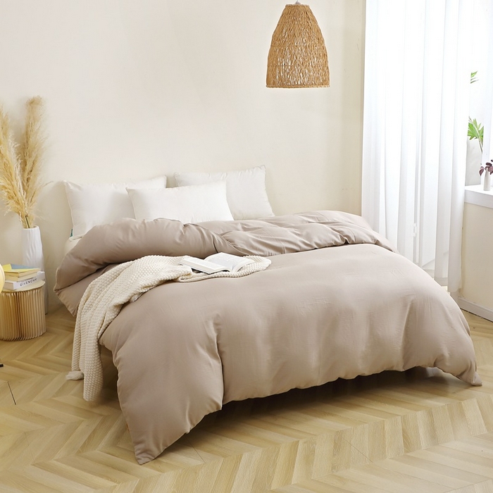 91家纺网 家纺一手货源 找家纺 晶缦家纺 2026新款纯棉纯色A类全棉双层纱四件套（水洗预处理）-觅琳系列 觅琳-浅卡其