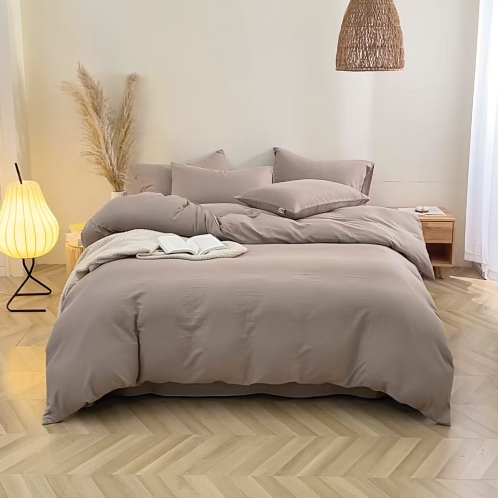 91家纺网 家纺一手货源 找家纺 晶缦家纺 2026新款纯棉纯色A类全棉双层纱四件套（水洗预处理）-觅琳系列 觅琳-浅卡其