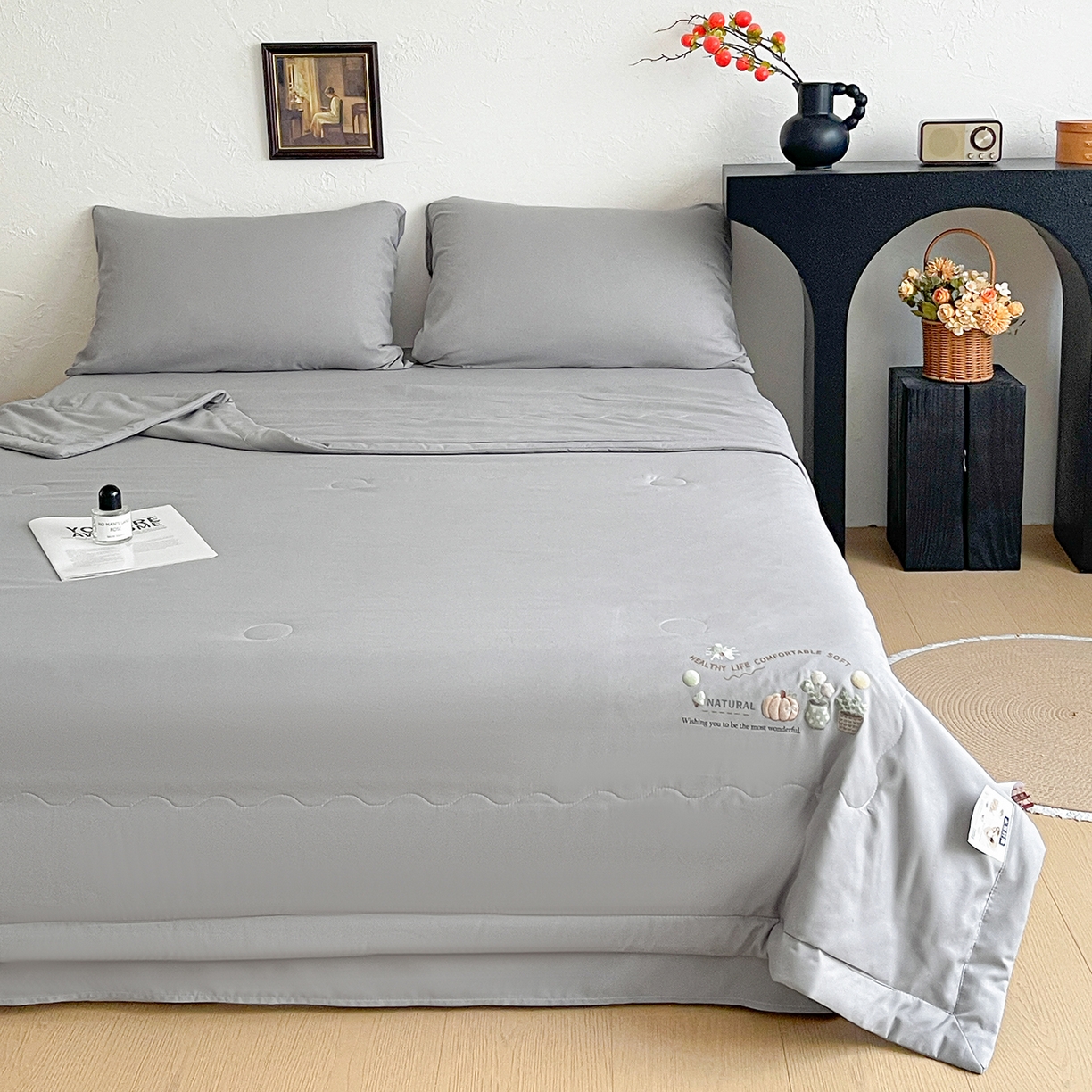 91家纺网 家纺一手货源 找家纺 易展家居 2026新款水洗棉大豆纤维夏被-田园生活 田园生活-灰色