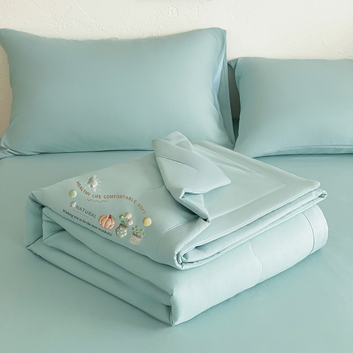 91家纺网 家纺一手货源 找家纺 易展家居 2026新款水洗棉大豆纤维夏被-田园生活 田园生活-青色