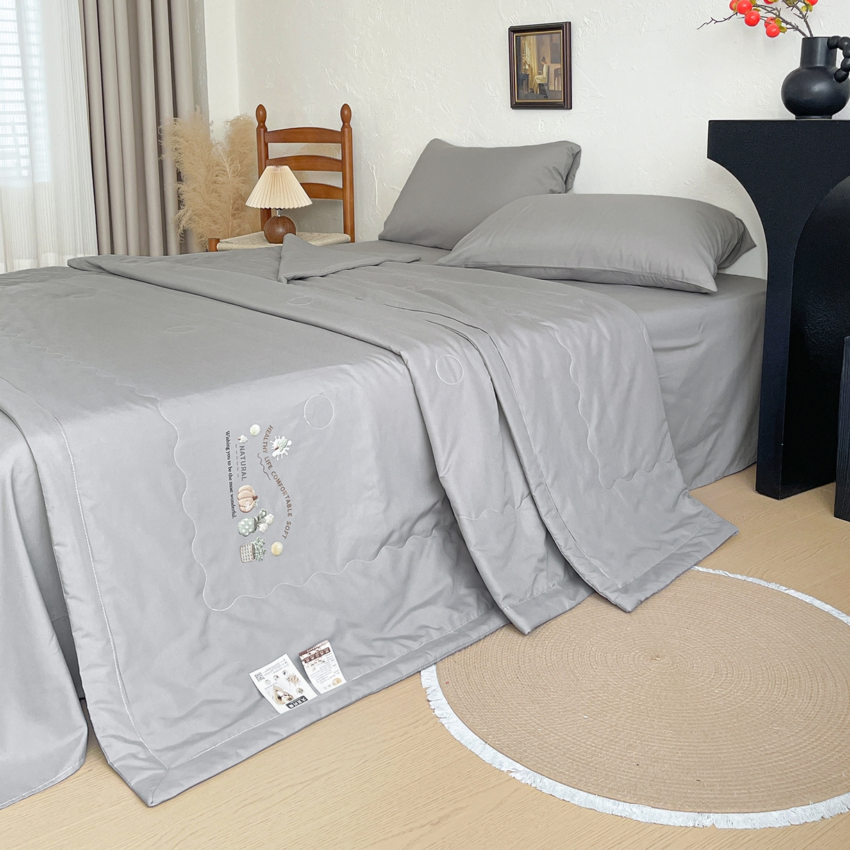 91家纺网 家纺一手货源 找家纺 易展家居 2026新款水洗棉大豆纤维夏被-田园生活 田园生活-灰色