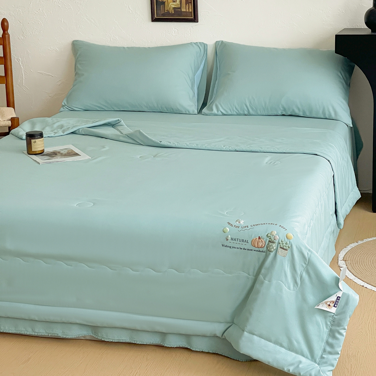 91家纺网 家纺一手货源 找家纺 易展家居 2026新款水洗棉大豆纤维夏被-田园生活 田园生活-青色