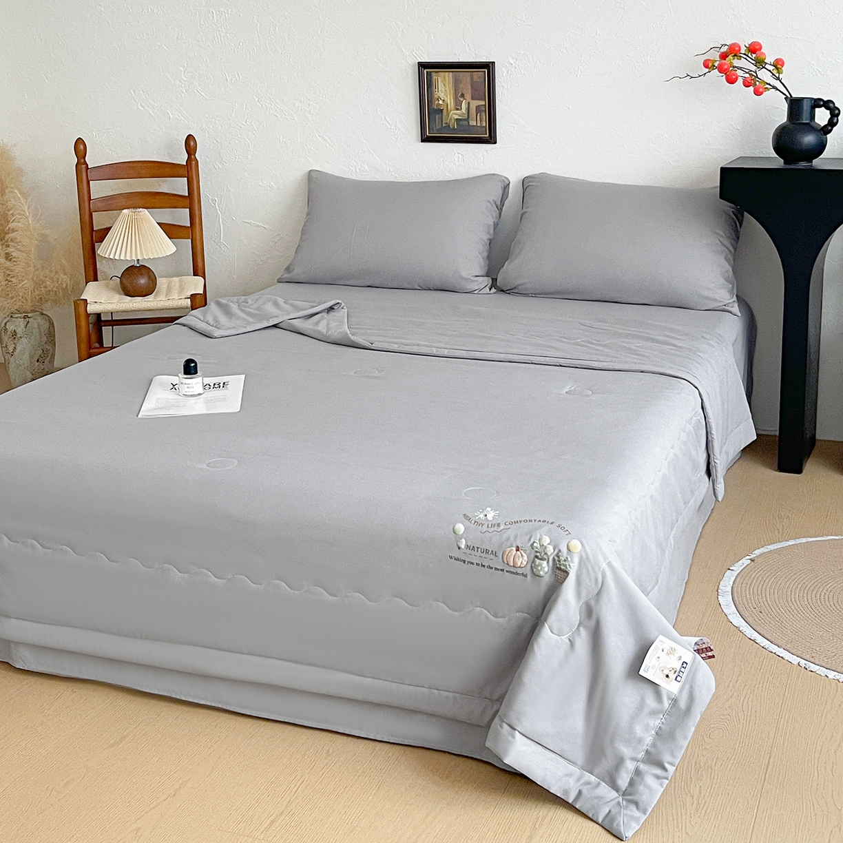 91家纺网 家纺一手货源 找家纺 易展家居 2026新款水洗棉大豆纤维夏被-田园生活 田园生活-灰色