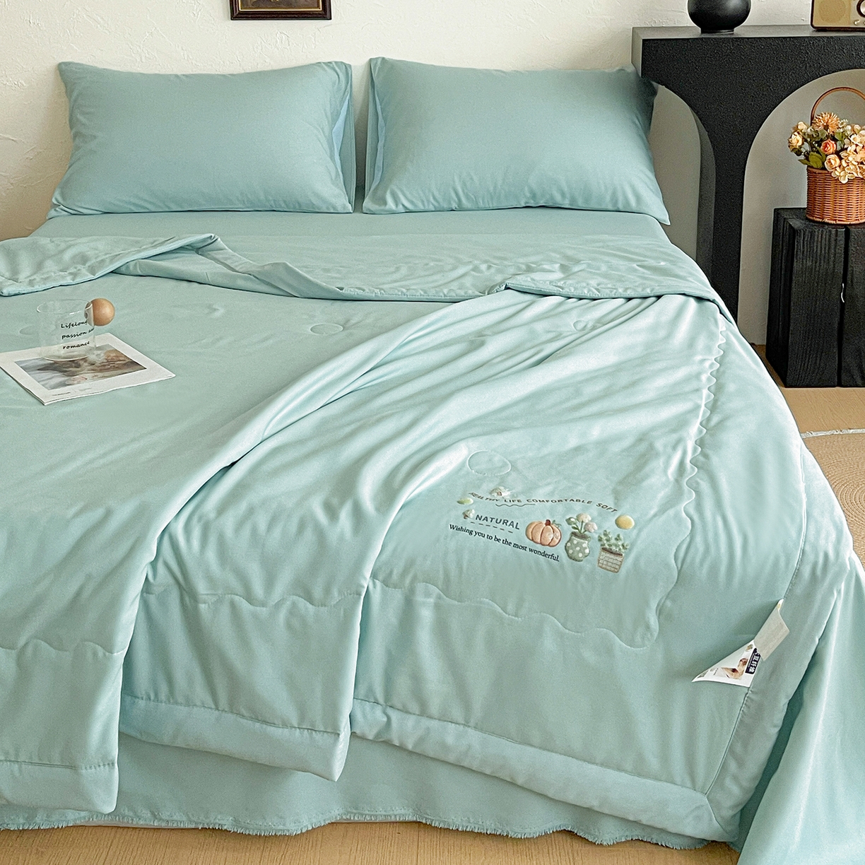 91家纺网 家纺一手货源 找家纺 易展家居 2026新款水洗棉大豆纤维夏被-田园生活 田园生活-青色