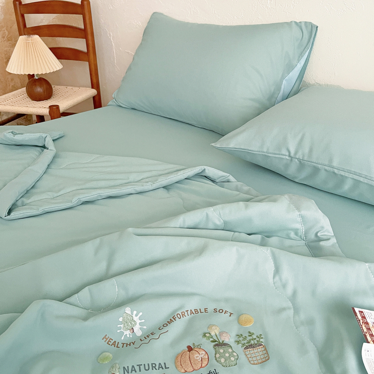 91家纺网 家纺一手货源 找家纺 易展家居 2026新款水洗棉大豆纤维夏被-田园生活 田园生活-青色