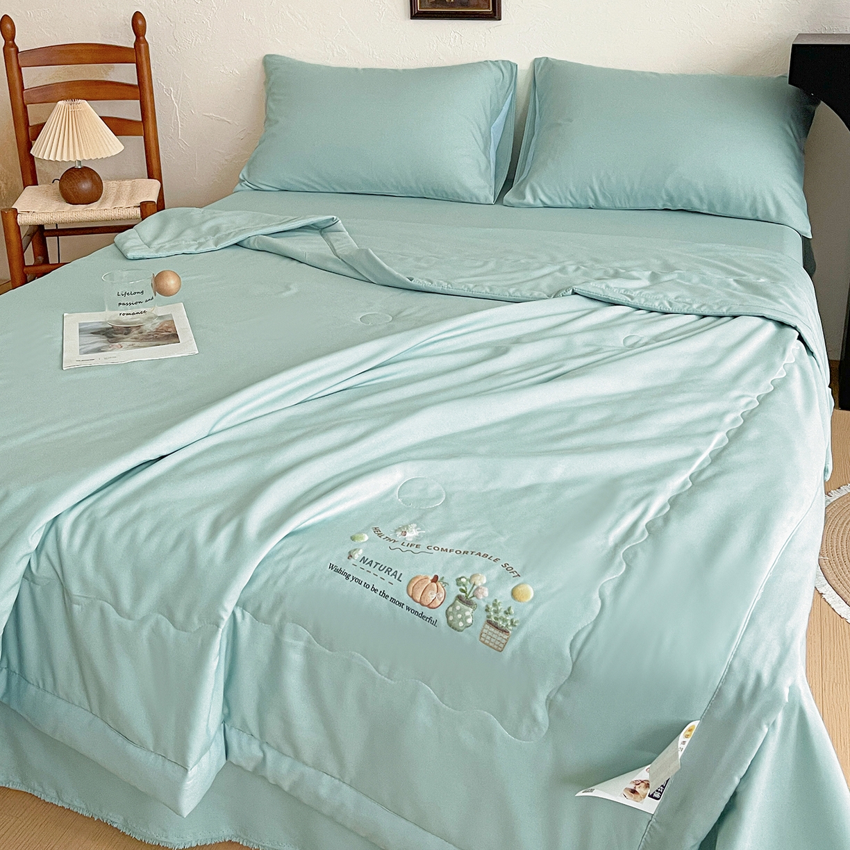 91家纺网 家纺一手货源 找家纺 易展家居 2026新款水洗棉大豆纤维夏被-田园生活 田园生活-青色