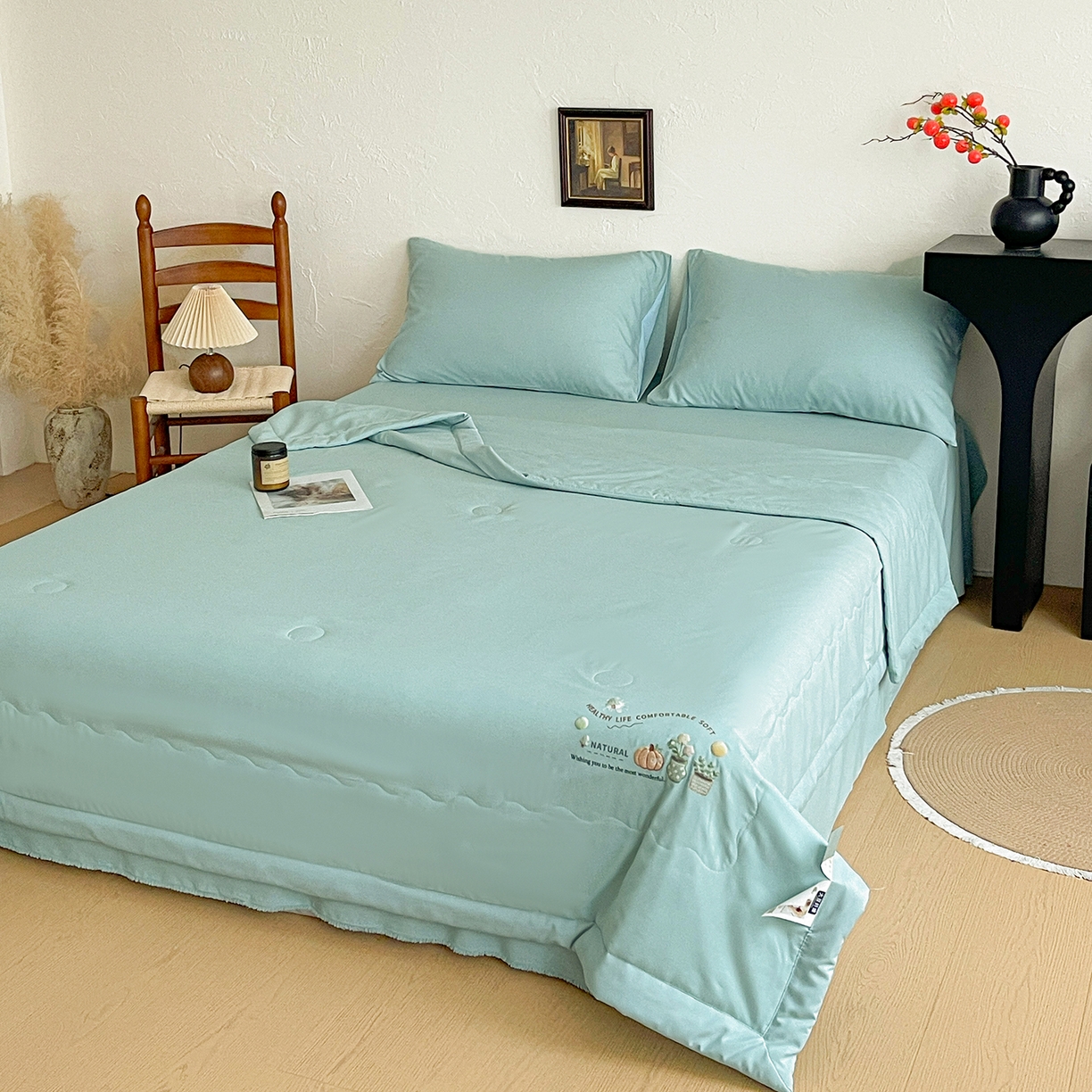 91家纺网 家纺一手货源 找家纺 易展家居 2026新款水洗棉大豆纤维夏被-田园生活 田园生活-青色