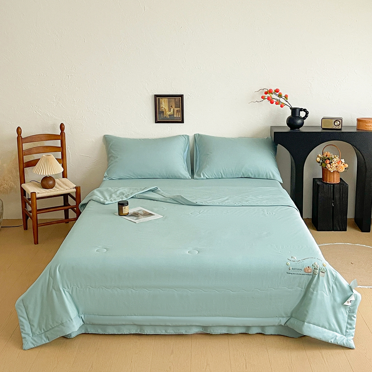 91家纺网 家纺一手货源 找家纺 易展家居 2026新款水洗棉大豆纤维夏被-田园生活 田园生活-青色