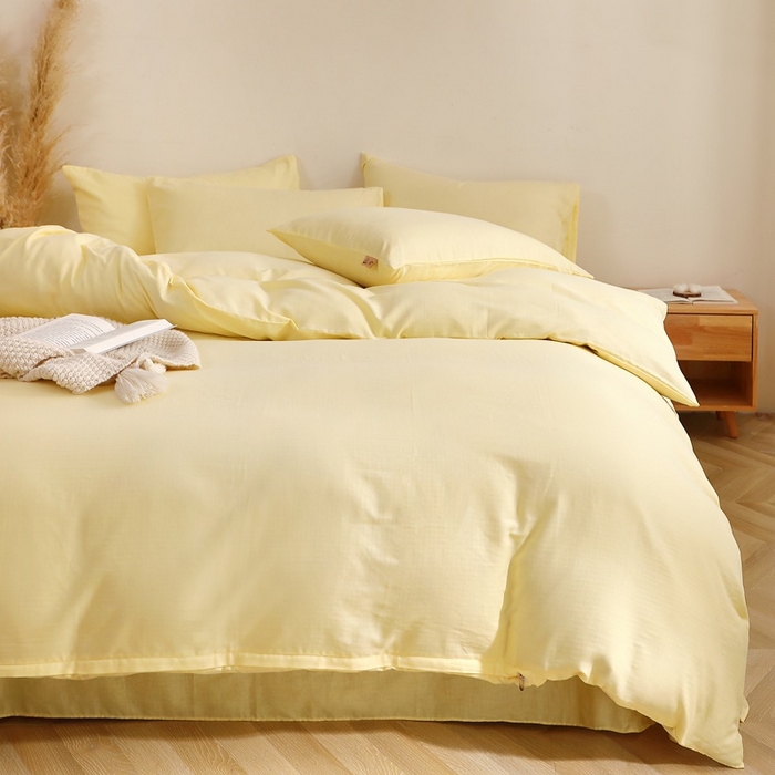 91家纺网 家纺一手货源 找家纺 晶缦家纺 2026新款纯棉纯色A类全棉双层纱四件套（水洗预处理）-觅琳系列 觅琳-浅蜜黄