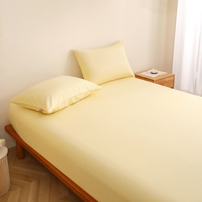 91家纺网 家纺一手货源 找家纺 晶缦家纺 2026新款纯棉纯色A类全棉双层纱四件套（水洗预处理）-觅琳系列 觅琳-浅蜜黄