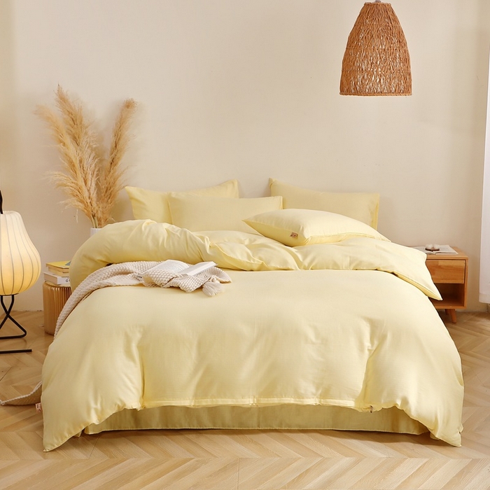 91家纺网 家纺一手货源 找家纺 晶缦家纺 2026新款纯棉纯色A类全棉双层纱四件套（水洗预处理）-觅琳系列 觅琳-浅蜜黄