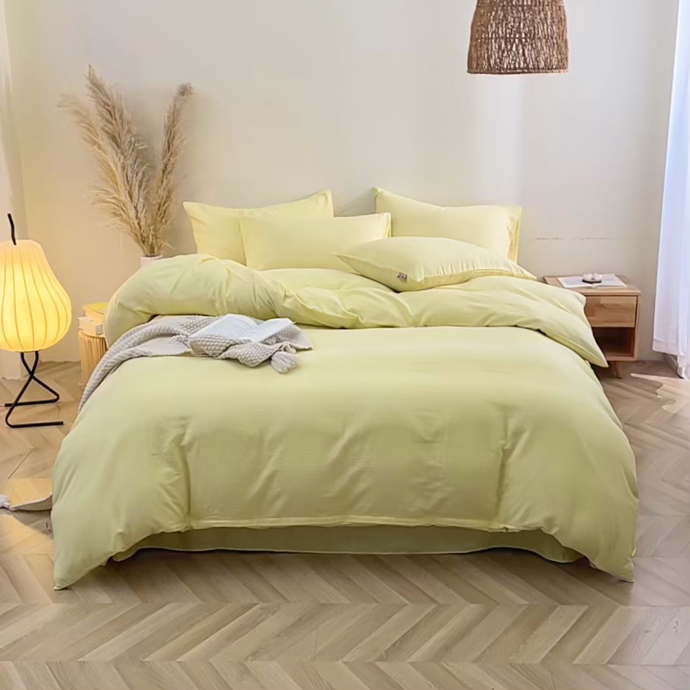 91家纺网 家纺一手货源 找家纺 晶缦家纺 2026新款纯棉纯色A类全棉双层纱四件套（水洗预处理）-觅琳系列 觅琳-浅蜜黄