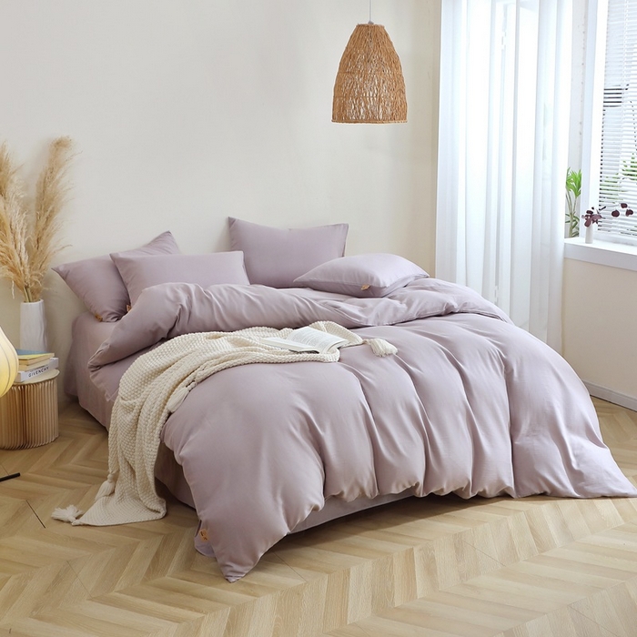 91家纺网 家纺一手货源 找家纺 晶缦家纺 2026新款纯棉纯色A类全棉双层纱四件套（水洗预处理）-觅琳系列 觅琳-浅藤紫