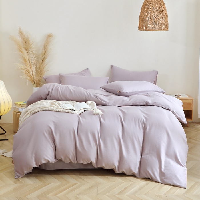 91家纺网 家纺一手货源 找家纺 晶缦家纺 2026新款纯棉纯色A类全棉双层纱四件套（水洗预处理）-觅琳系列 觅琳-浅藤紫