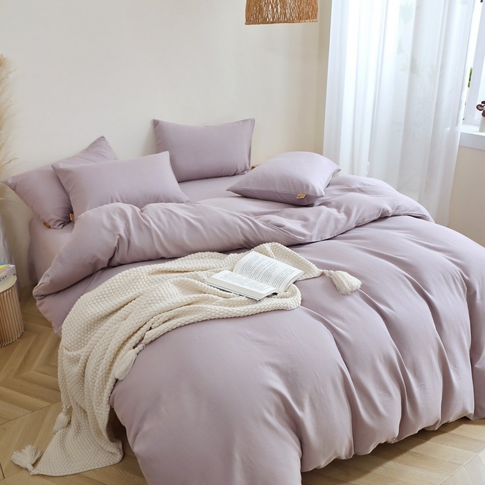 91家纺网 家纺一手货源 找家纺 晶缦家纺 2026新款纯棉纯色A类全棉双层纱四件套（水洗预处理）-觅琳系列 觅琳-浅藤紫