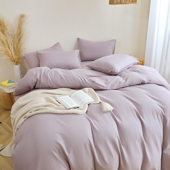 91家纺网 家纺一手货源 找家纺 晶缦家纺 2026新款纯棉纯色A类全棉双层纱四件套（水洗预处理）-觅琳系列 觅琳-浅藤紫