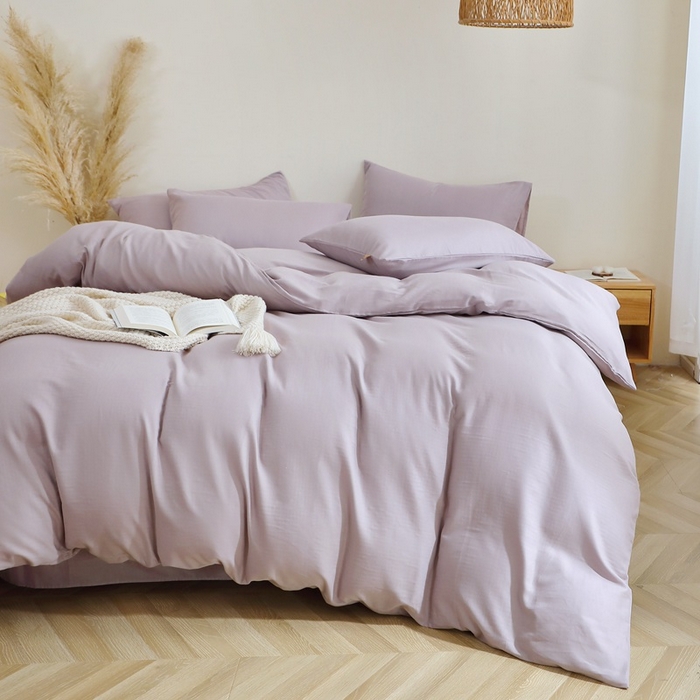 91家纺网 家纺一手货源 找家纺 晶缦家纺 2026新款纯棉纯色A类全棉双层纱四件套（水洗预处理）-觅琳系列 觅琳-浅藤紫