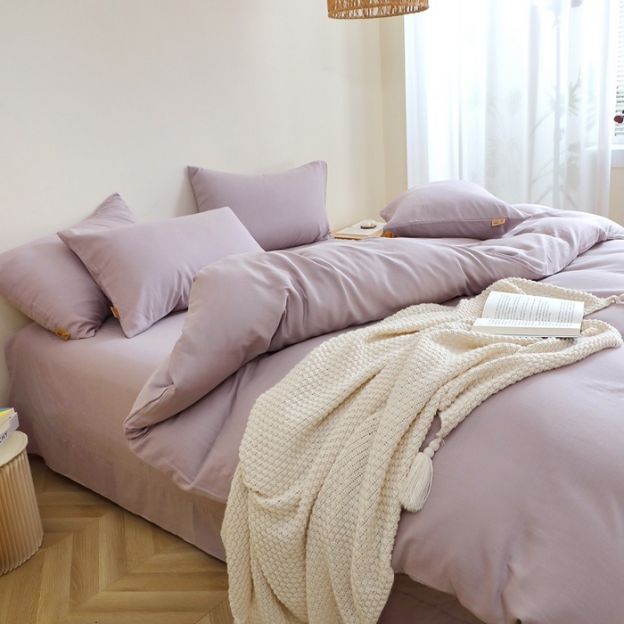 91家纺网 家纺一手货源 找家纺 晶缦家纺 2026新款纯棉纯色A类全棉双层纱四件套（水洗预处理）-觅琳系列 觅琳-浅藤紫