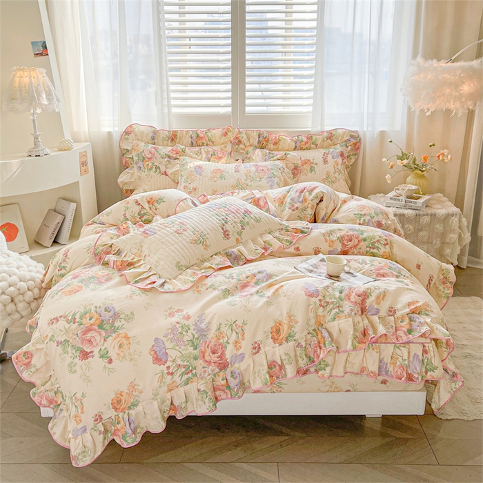 91家纺网 家纺一手货源 找家纺 宜凡家纺 2026新款全棉印花夹棉床笠四件套 春色入梦