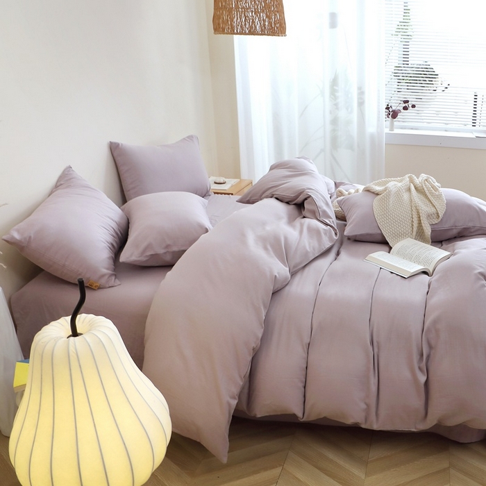 91家纺网 家纺一手货源 找家纺 晶缦家纺 2026新款纯棉纯色A类全棉双层纱四件套（水洗预处理）-觅琳系列 觅琳-浅藤紫