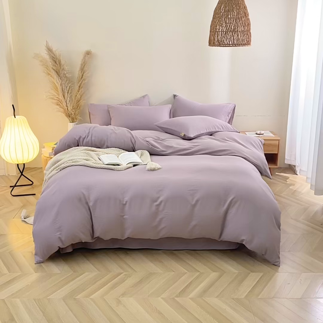 91家纺网 家纺一手货源 找家纺 晶缦家纺 2026新款纯棉纯色A类全棉双层纱四件套（水洗预处理）-觅琳系列 觅琳-浅藤紫