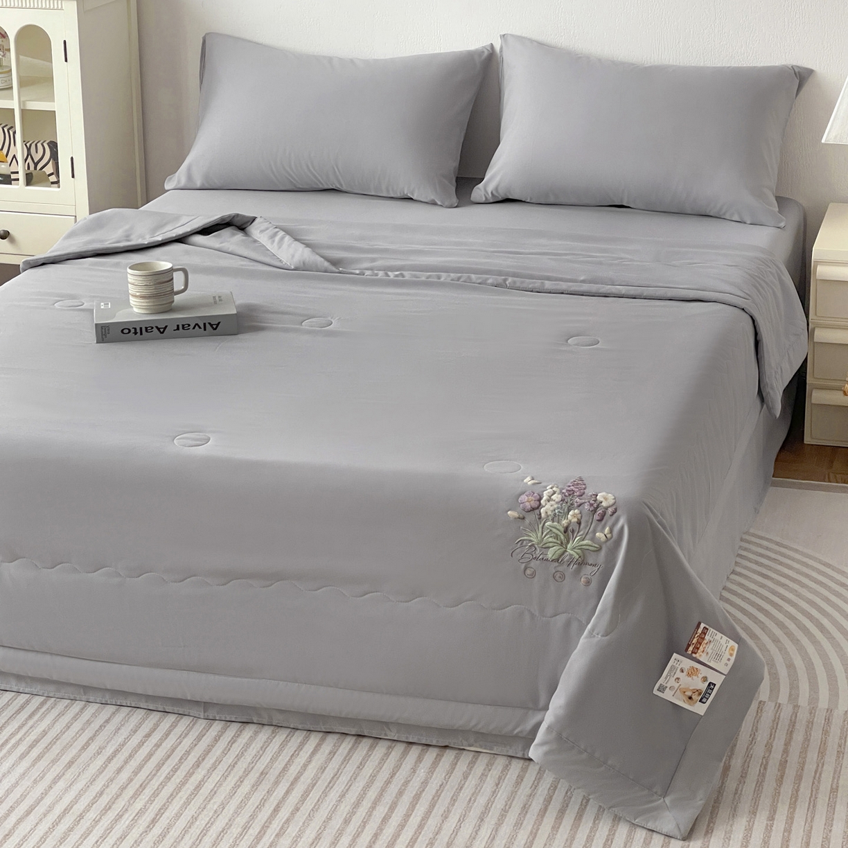 91家纺网 家纺一手货源 找家纺 易展家居 2026新款水洗棉大豆纤维夏被-蝶语花香 蝶语花香-灰色