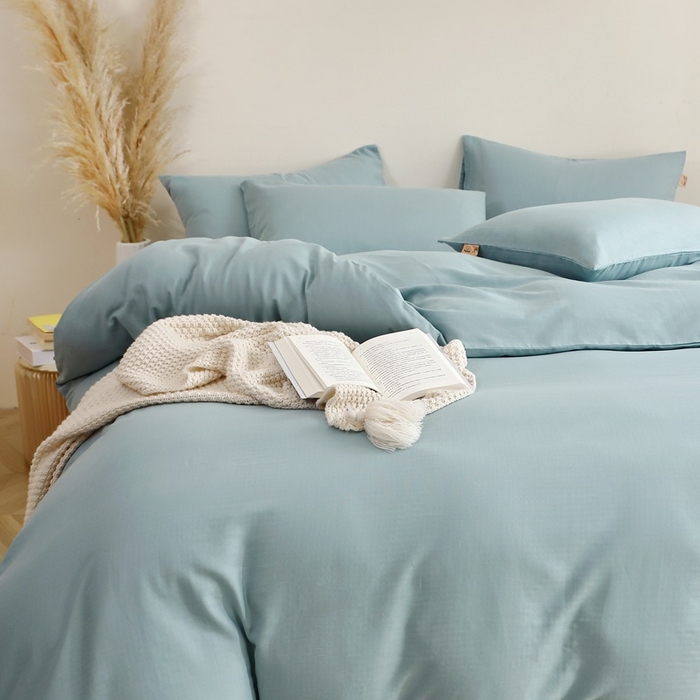 91家纺网 家纺一手货源 找家纺 晶缦家纺 2026新款纯棉纯色A类全棉双层纱四件套（水洗预处理）-觅琳系列 觅琳-桃青蓝