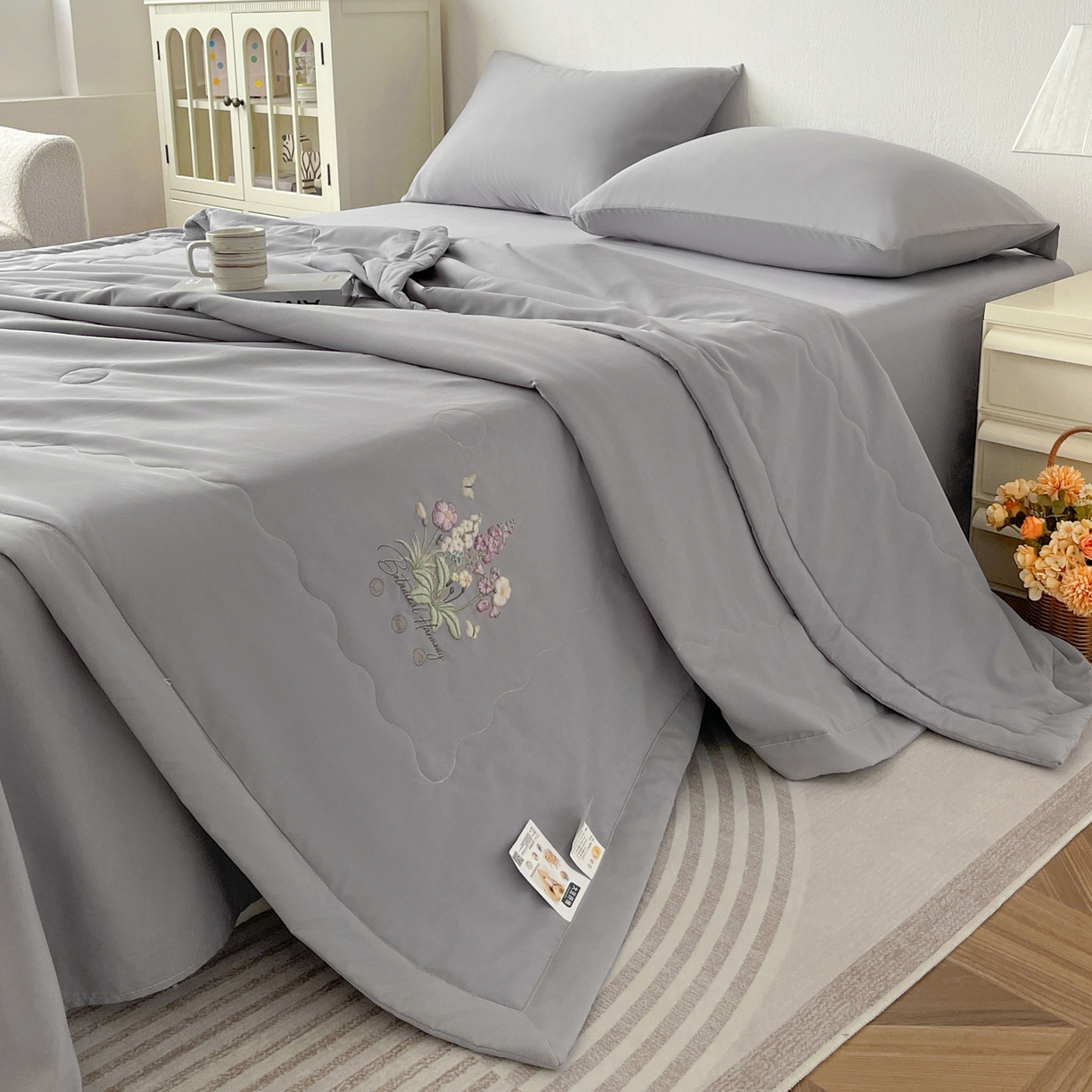 91家纺网 家纺一手货源 找家纺 易展家居 2026新款水洗棉大豆纤维夏被-蝶语花香 蝶语花香-灰色