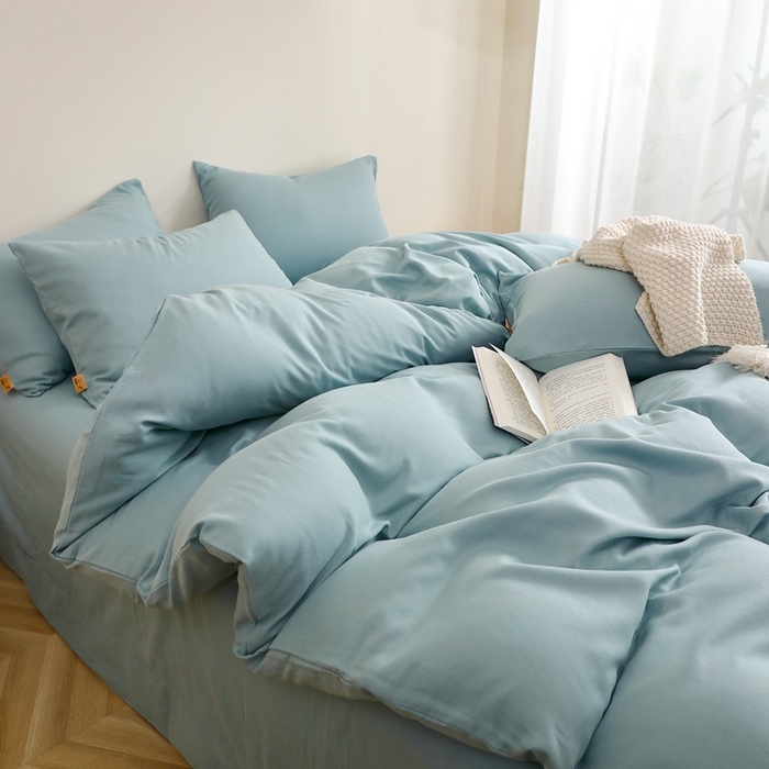 91家纺网 家纺一手货源 找家纺 晶缦家纺 2026新款纯棉纯色A类全棉双层纱四件套（水洗预处理）-觅琳系列 觅琳-桃青蓝