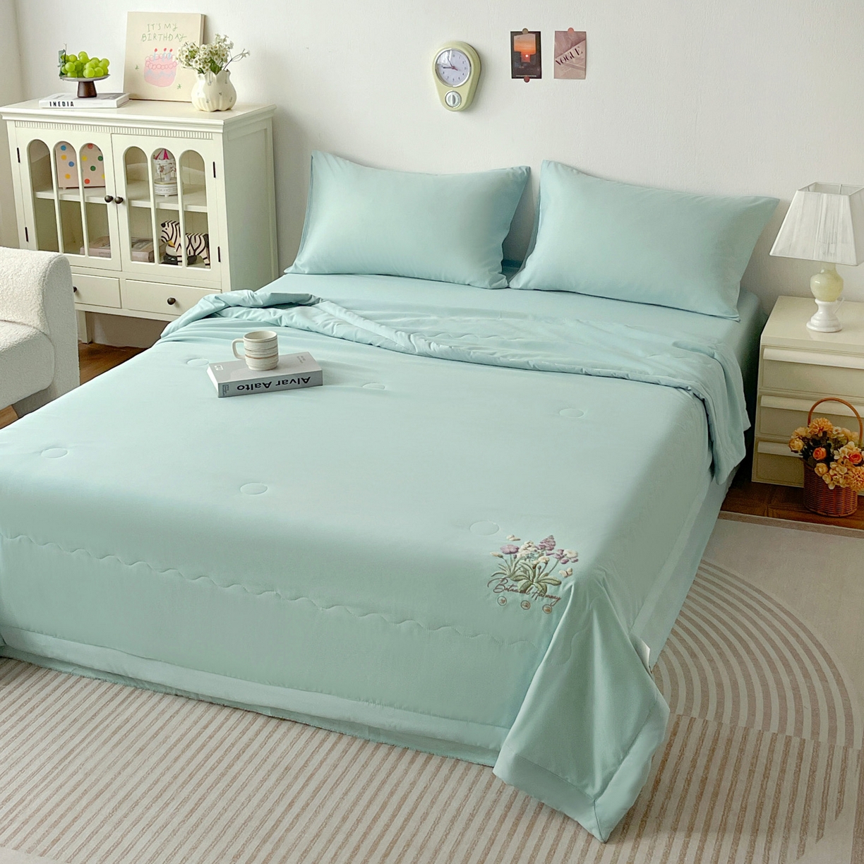 91家纺网 家纺一手货源 找家纺 易展家居 2026新款水洗棉大豆纤维夏被-蝶语花香 蝶语花香-青色