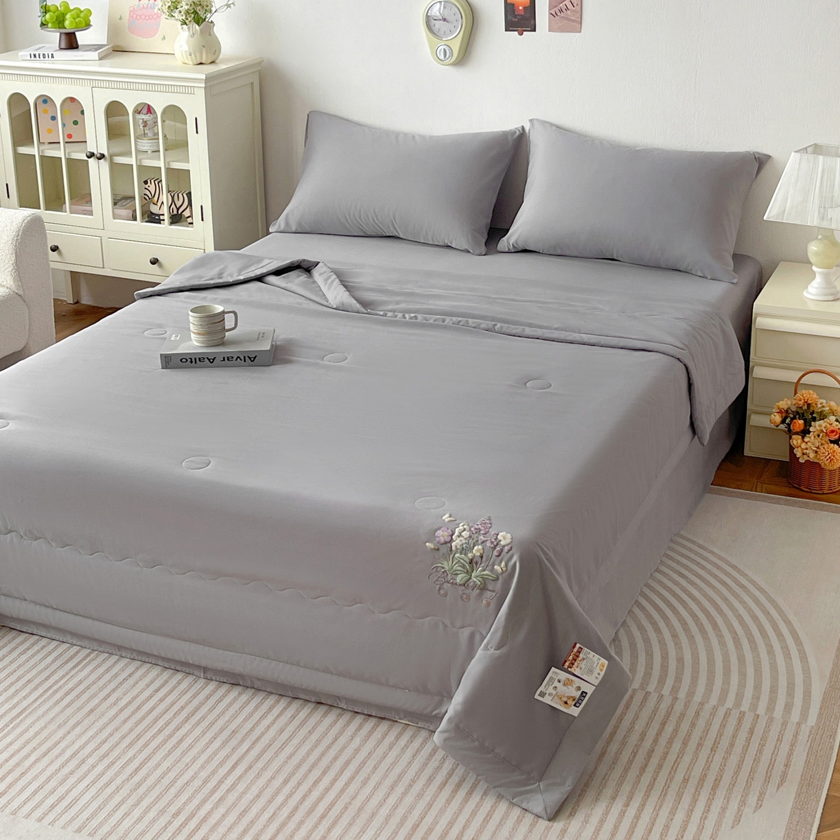 91家纺网 家纺一手货源 找家纺 易展家居 2026新款水洗棉大豆纤维夏被-蝶语花香 蝶语花香-灰色