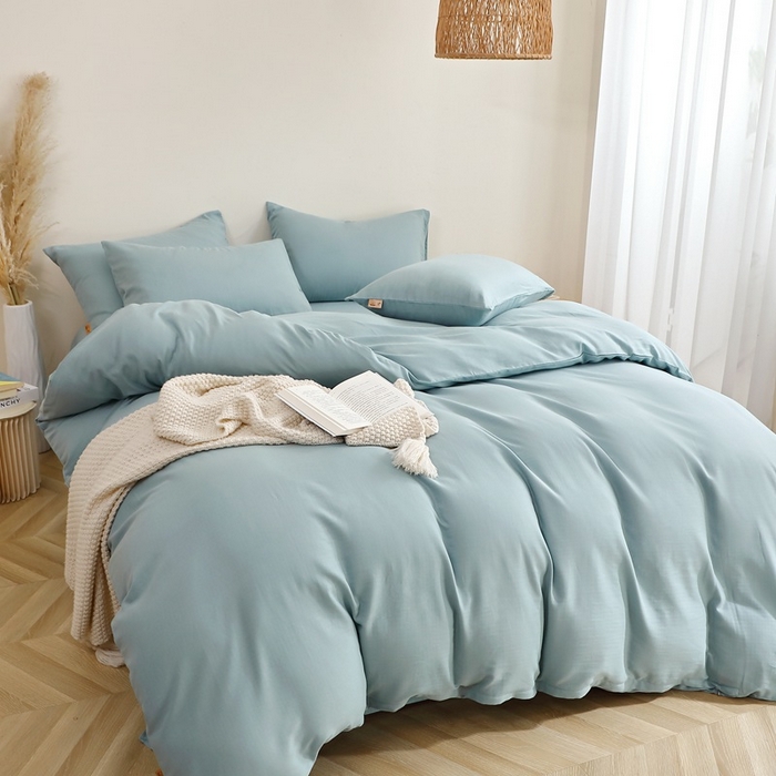 91家纺网 家纺一手货源 找家纺 晶缦家纺 2026新款纯棉纯色A类全棉双层纱四件套（水洗预处理）-觅琳系列 觅琳-桃青蓝