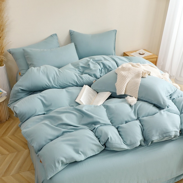 91家纺网 家纺一手货源 找家纺 晶缦家纺 2026新款纯棉纯色A类全棉双层纱四件套（水洗预处理）-觅琳系列 觅琳-桃青蓝