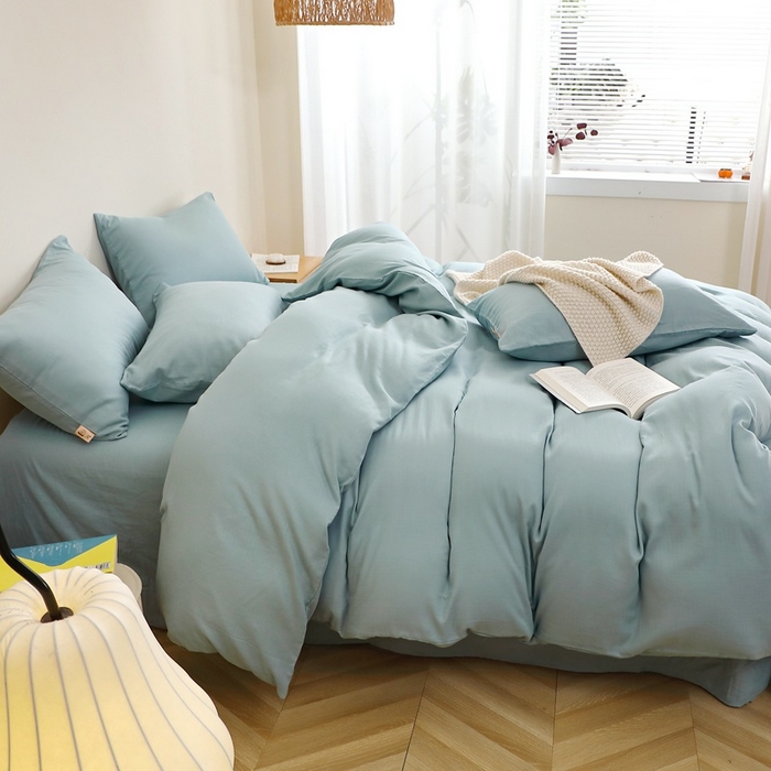 91家纺网 家纺一手货源 找家纺 晶缦家纺 2026新款纯棉纯色A类全棉双层纱四件套（水洗预处理）-觅琳系列 觅琳-桃青蓝