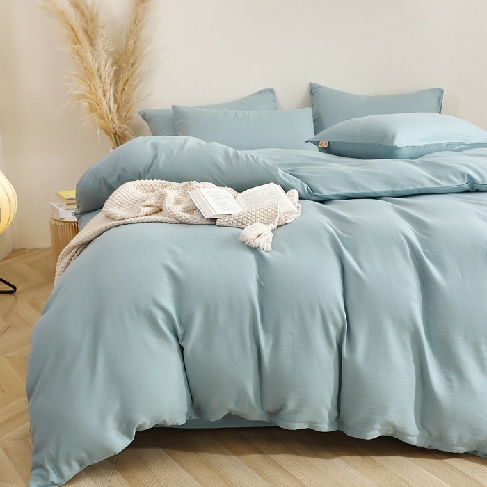 91家纺网 家纺一手货源 找家纺 晶缦家纺 2026新款纯棉纯色A类全棉双层纱四件套（水洗预处理）-觅琳系列 觅琳-桃青蓝