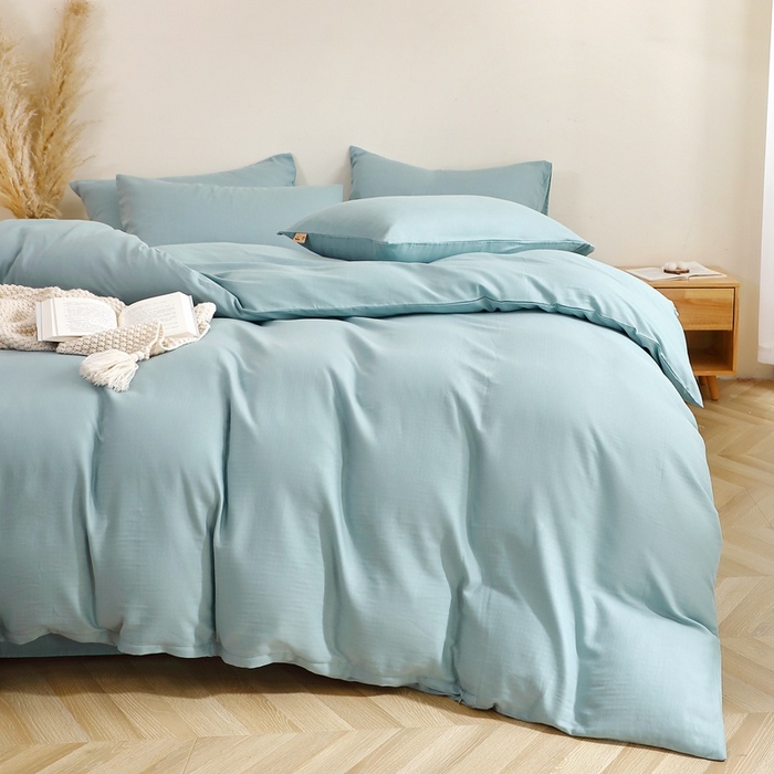 91家纺网 家纺一手货源 找家纺 晶缦家纺 2026新款纯棉纯色A类全棉双层纱四件套（水洗预处理）-觅琳系列 觅琳-桃青蓝