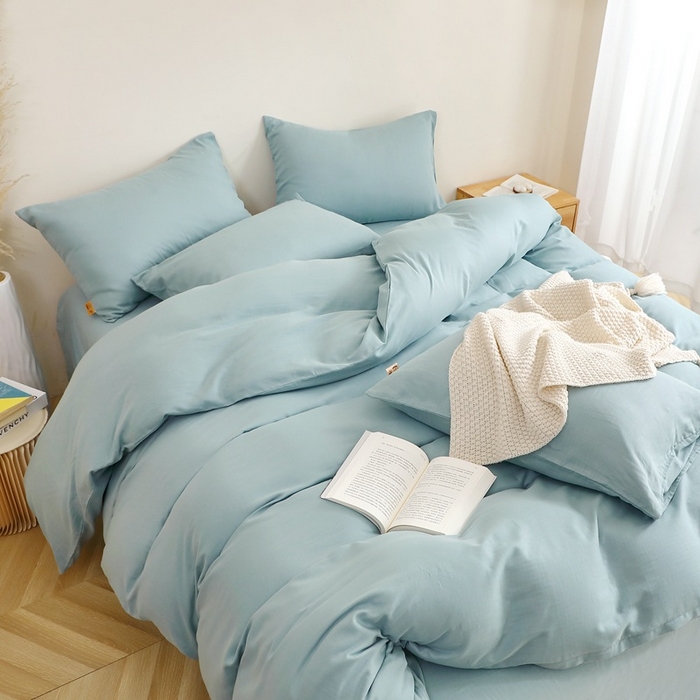 91家纺网 家纺一手货源 找家纺 晶缦家纺 2026新款纯棉纯色A类全棉双层纱四件套（水洗预处理）-觅琳系列 觅琳-桃青蓝