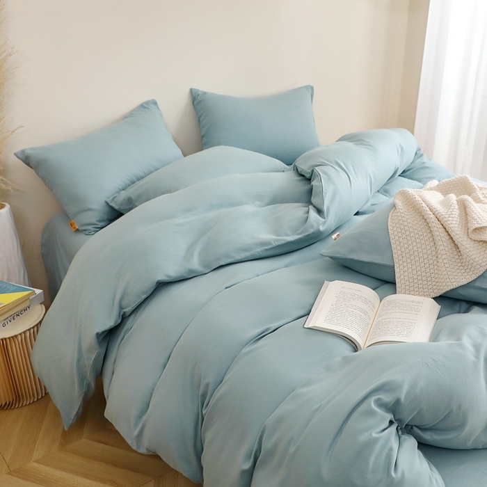 91家纺网 家纺一手货源 找家纺 晶缦家纺 2026新款纯棉纯色A类全棉双层纱四件套（水洗预处理）-觅琳系列 觅琳-桃青蓝