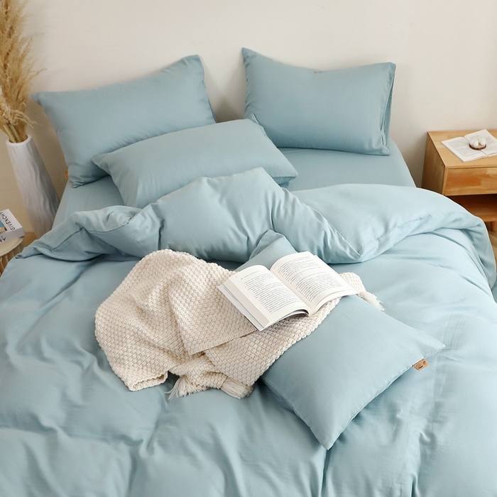 91家纺网 家纺一手货源 找家纺 晶缦家纺 2026新款纯棉纯色A类全棉双层纱四件套（水洗预处理）-觅琳系列 觅琳-桃青蓝