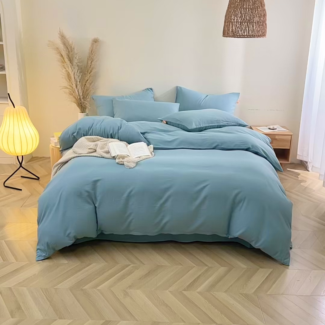 91家纺网 家纺一手货源 找家纺 晶缦家纺 2026新款纯棉纯色A类全棉双层纱四件套（水洗预处理）-觅琳系列 觅琳-桃青蓝