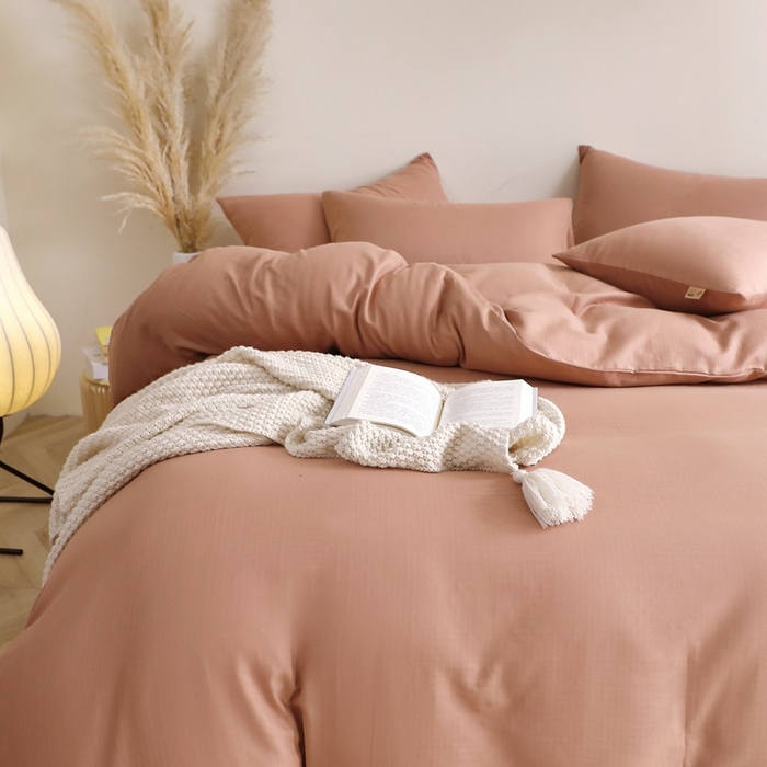 91家纺网 家纺一手货源 找家纺 晶缦家纺 2026新款纯棉纯色A类全棉双层纱四件套（水洗预处理）-觅琳系列 觅琳-赭石棕